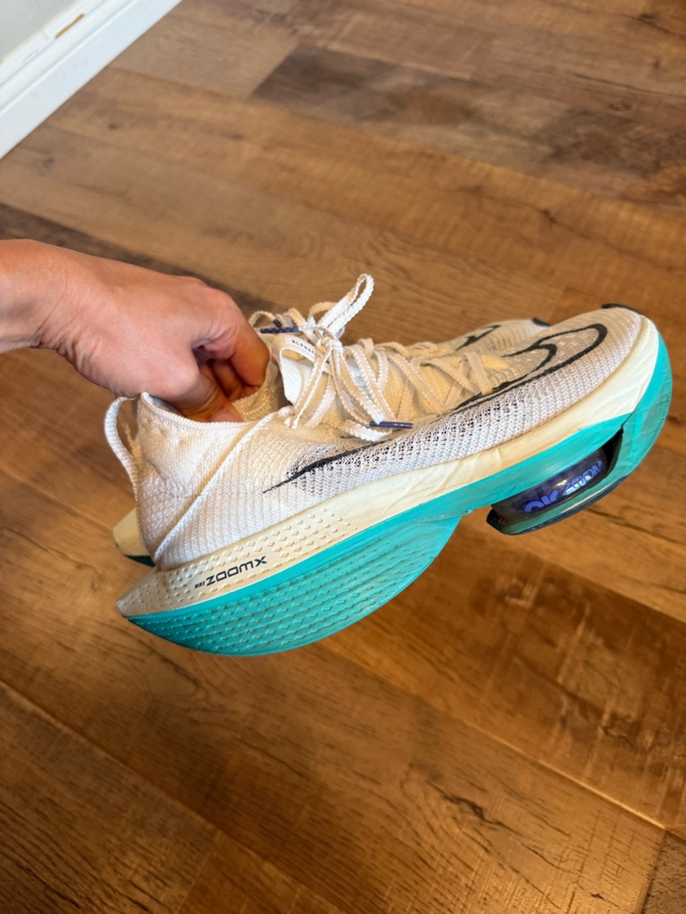 Nike White and Teal ZoomX Performance Alphafly Running Shoes